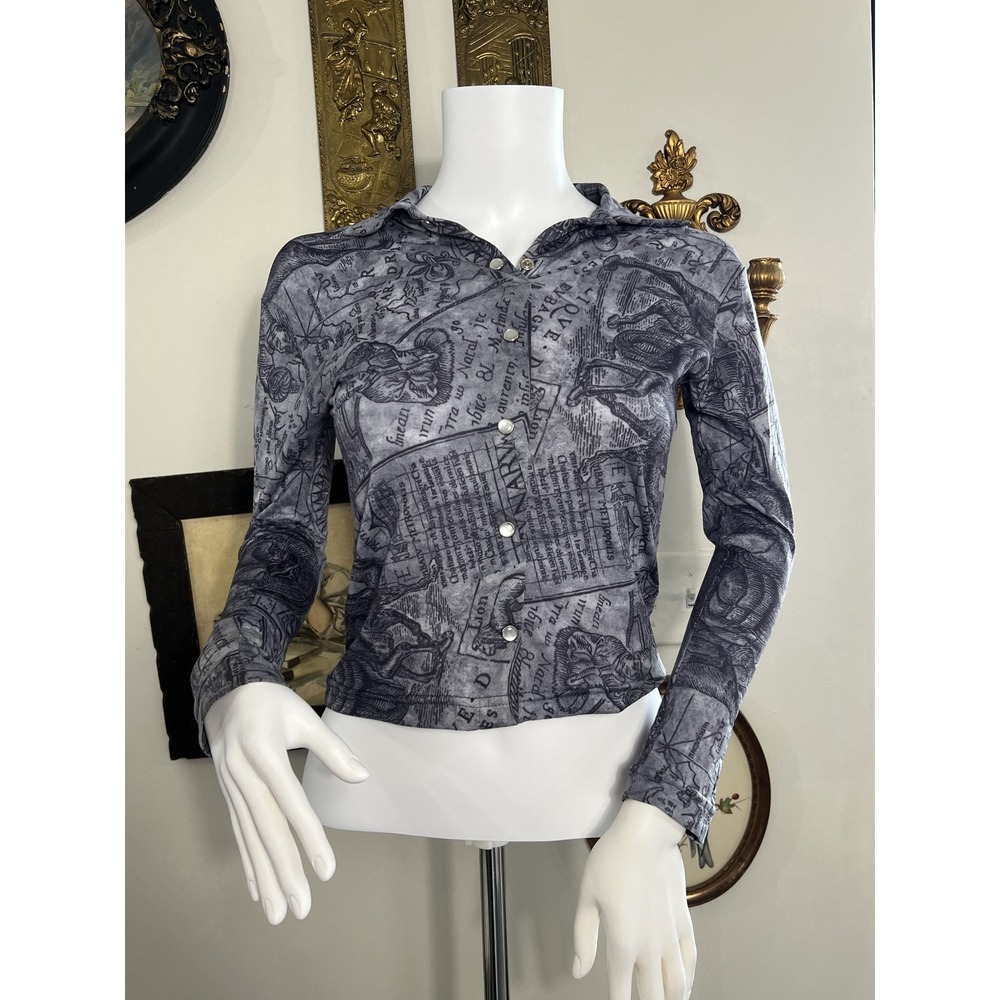 Vintage Cheryl Creations Gray Map Compass Print Long Sleeve Button Top Size S